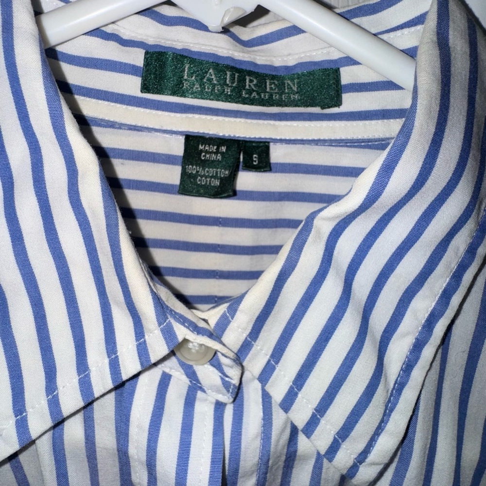 Women’s Lauren Ralph Lauren White and Blue Vertical Stripe Button-Up Shirt - Picture 3 of 4